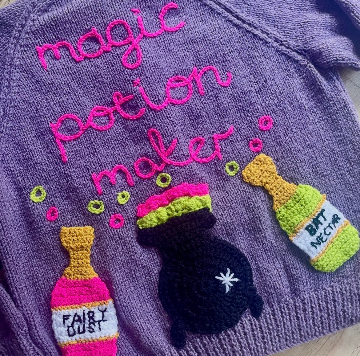 "Magic Potion Maker" Handmade Cardigan Size Approx 7-9 Years