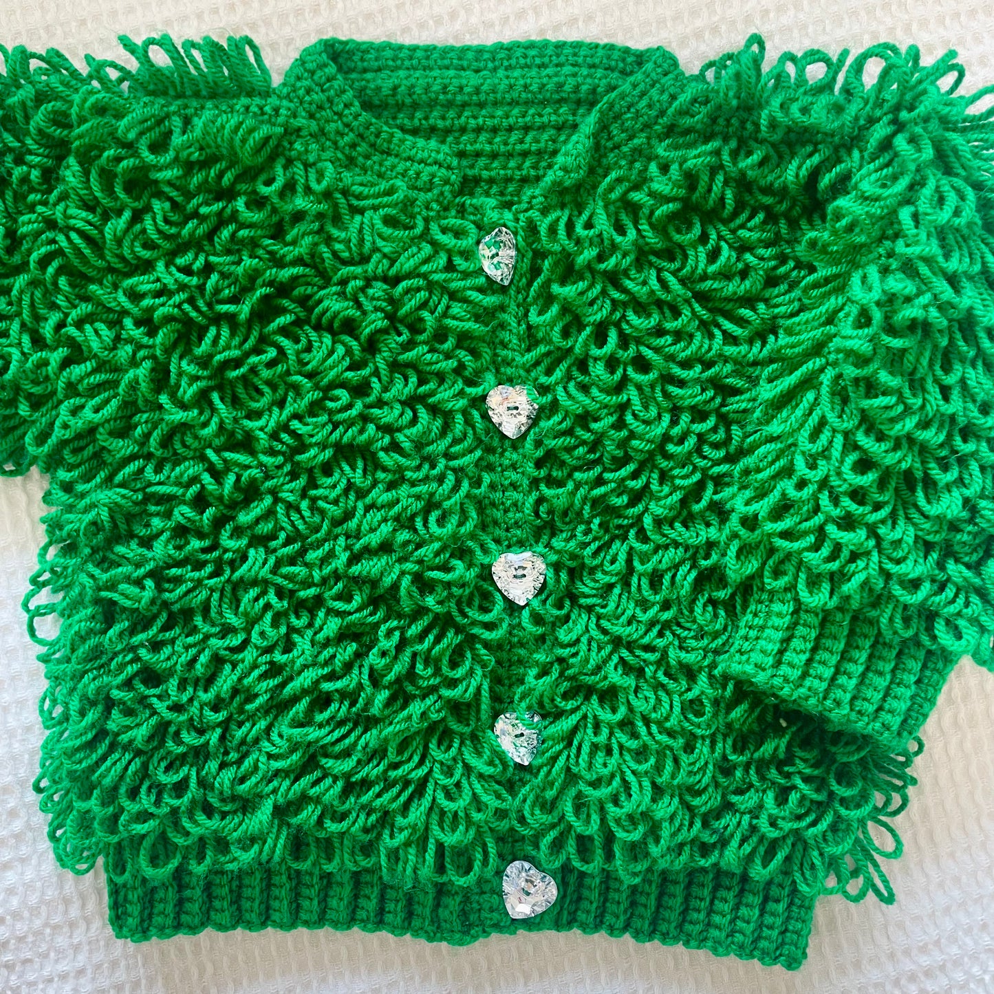 Hand-Knitted Green Loopy Cardigan Size Approx 2-3 Years