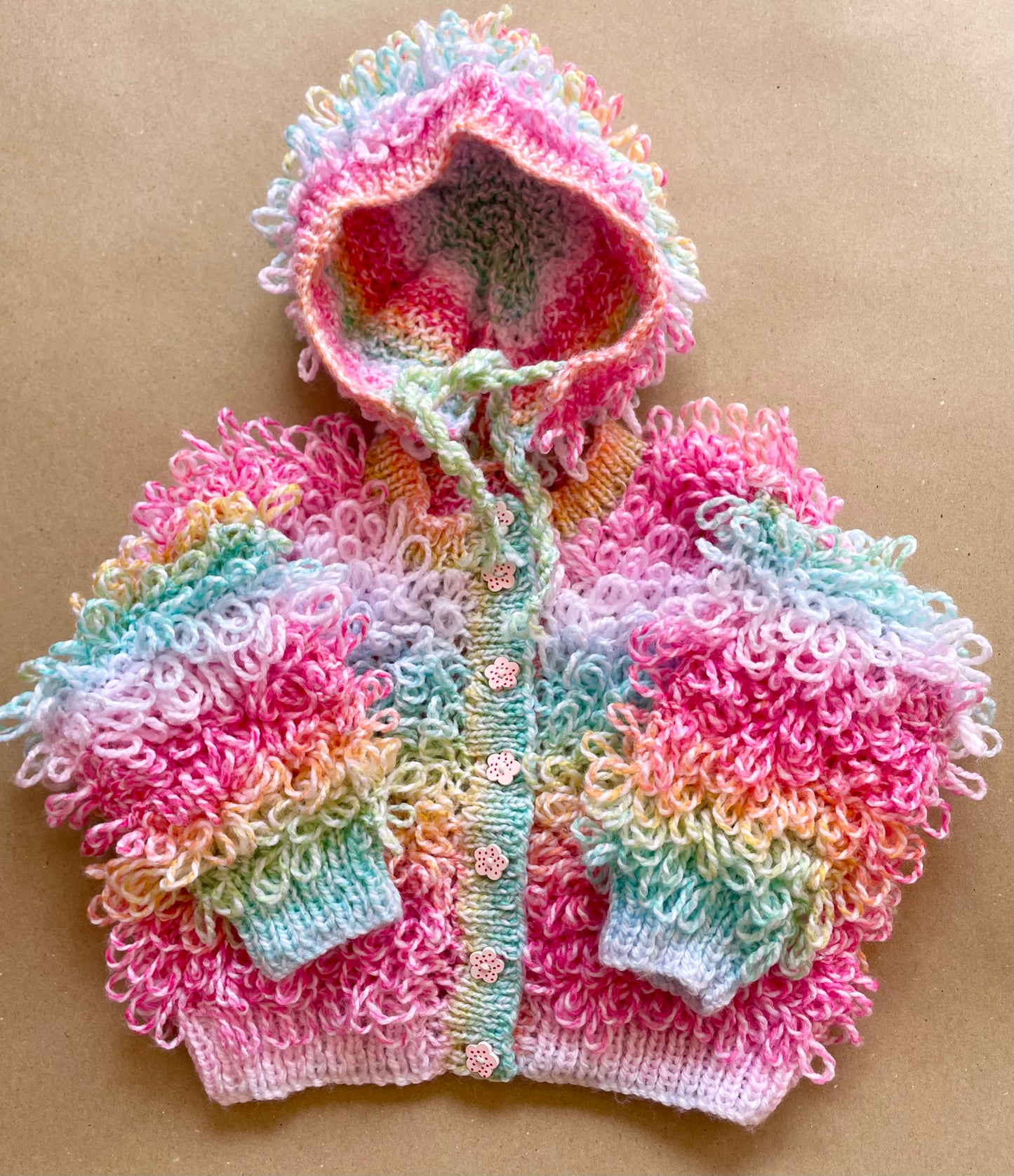 Hand-Knitted Multi-Coloured Loopy Cardigan Size Approx 1-2 Years