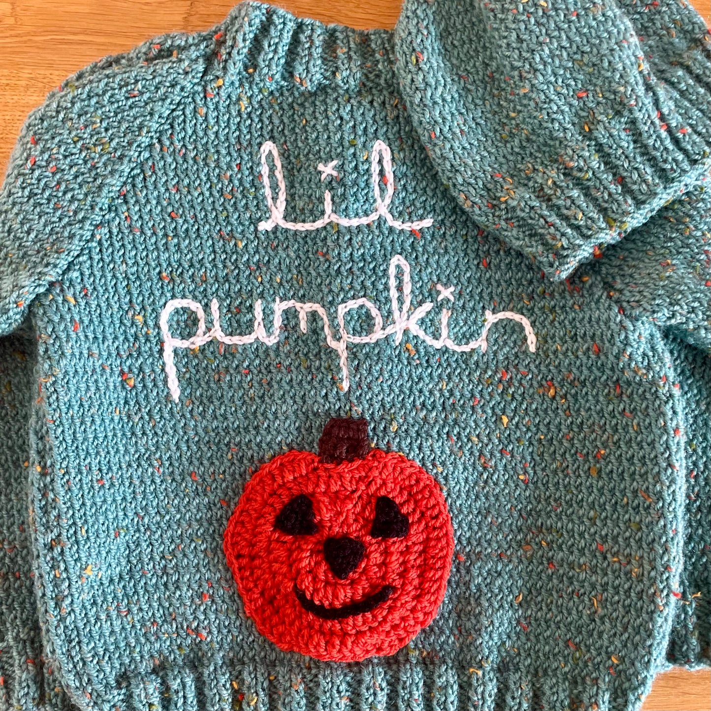"Lil Pumpkin” Handmade Green Cardigan Size Approx 2-3 Years