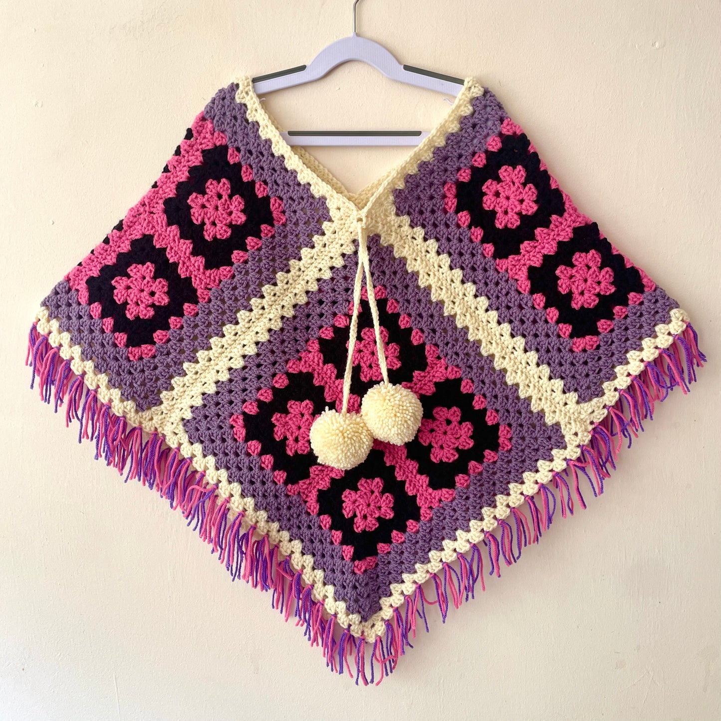 Hand Crocheted Black & Pink Poncho Size Approx 7-11 Years