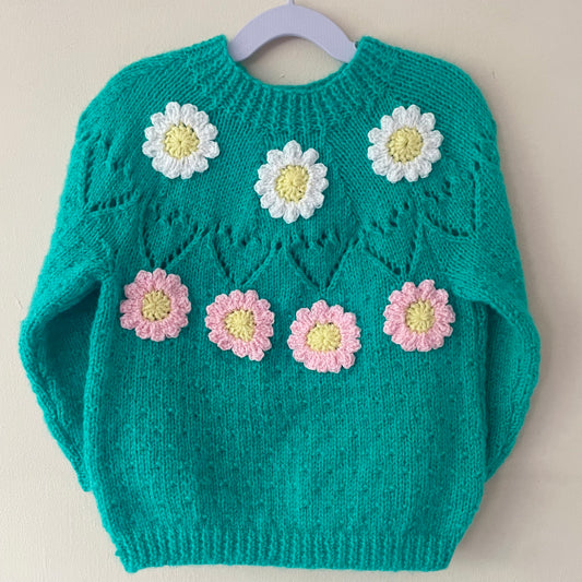 Green Floral Handmade Jumper Size Approx 3-5 Years