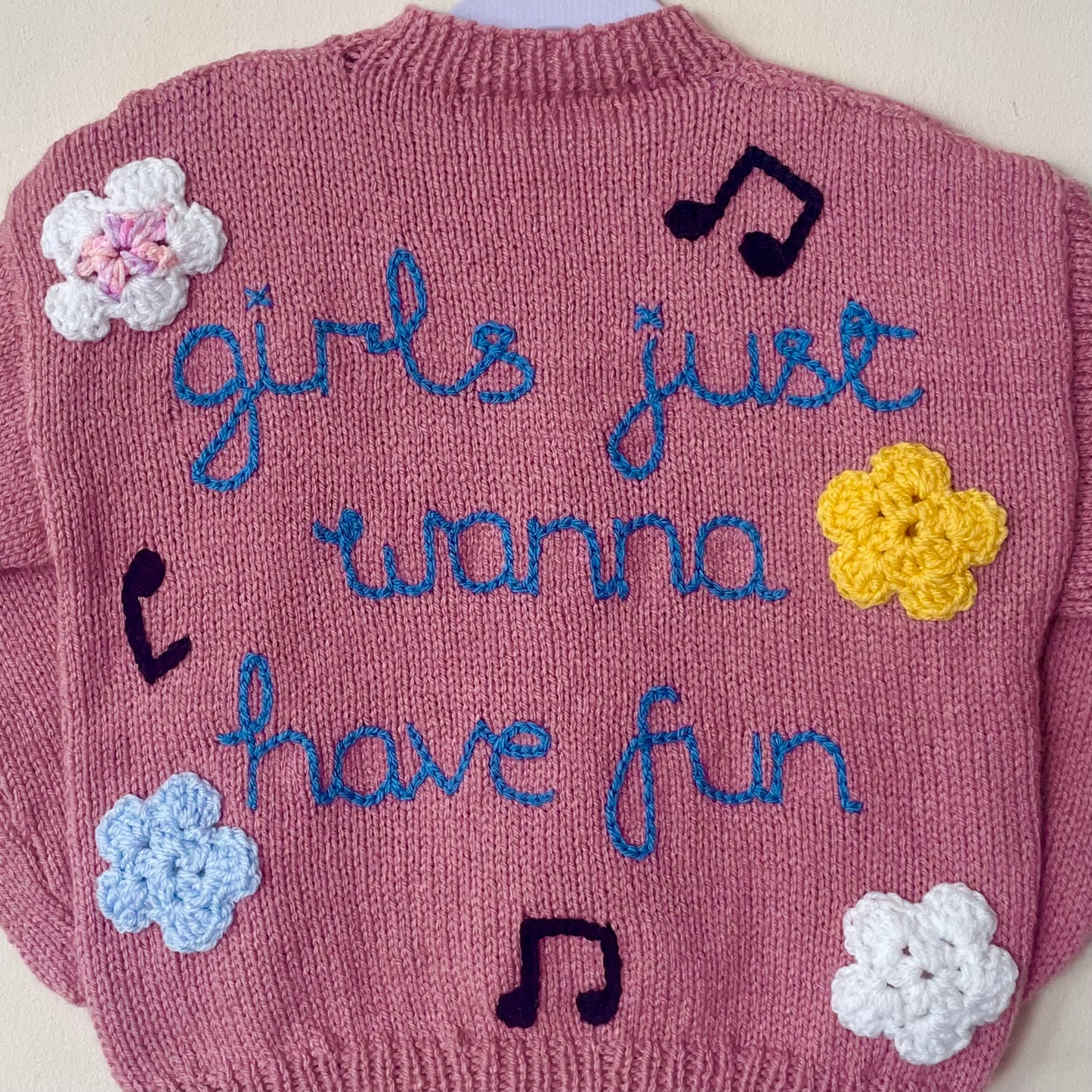 "Girls Just Wanna Have Fun” Handmade Cardigan Size Approx 4-6 Years