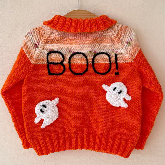 "BOO!” Handmade Orange Cardigan Size Approx 6-12 months