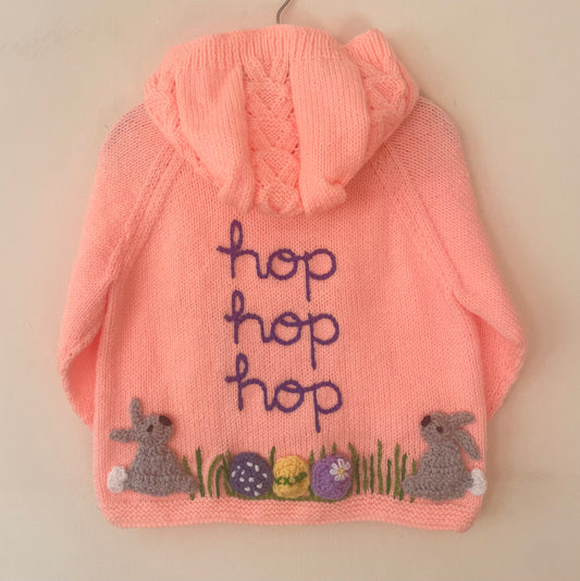 "Hop Hop Hop” Handmade Hooded Cardigan Size Approx 3-5 Years