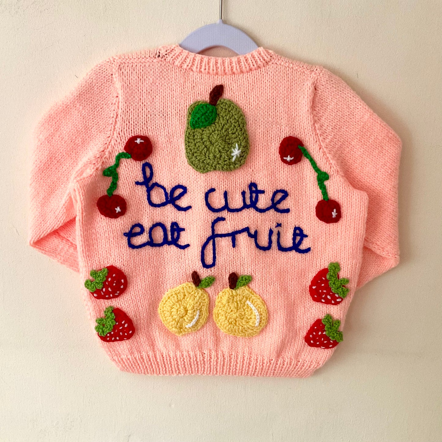 “Be Cute Eat Fruit” Handmade Cardigan Size Approx 3-5 Years