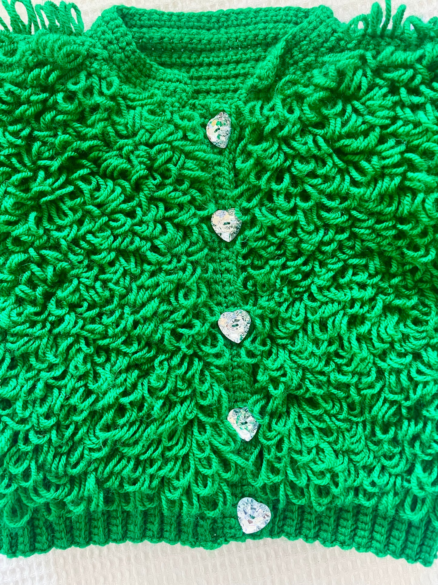 Hand-Knitted Green Loopy Cardigan Size Approx 2-3 Years