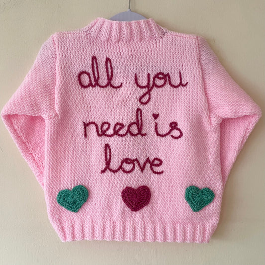 "All You Need Is Love" Handmade Cardigan Size Approx 3-5 Years
