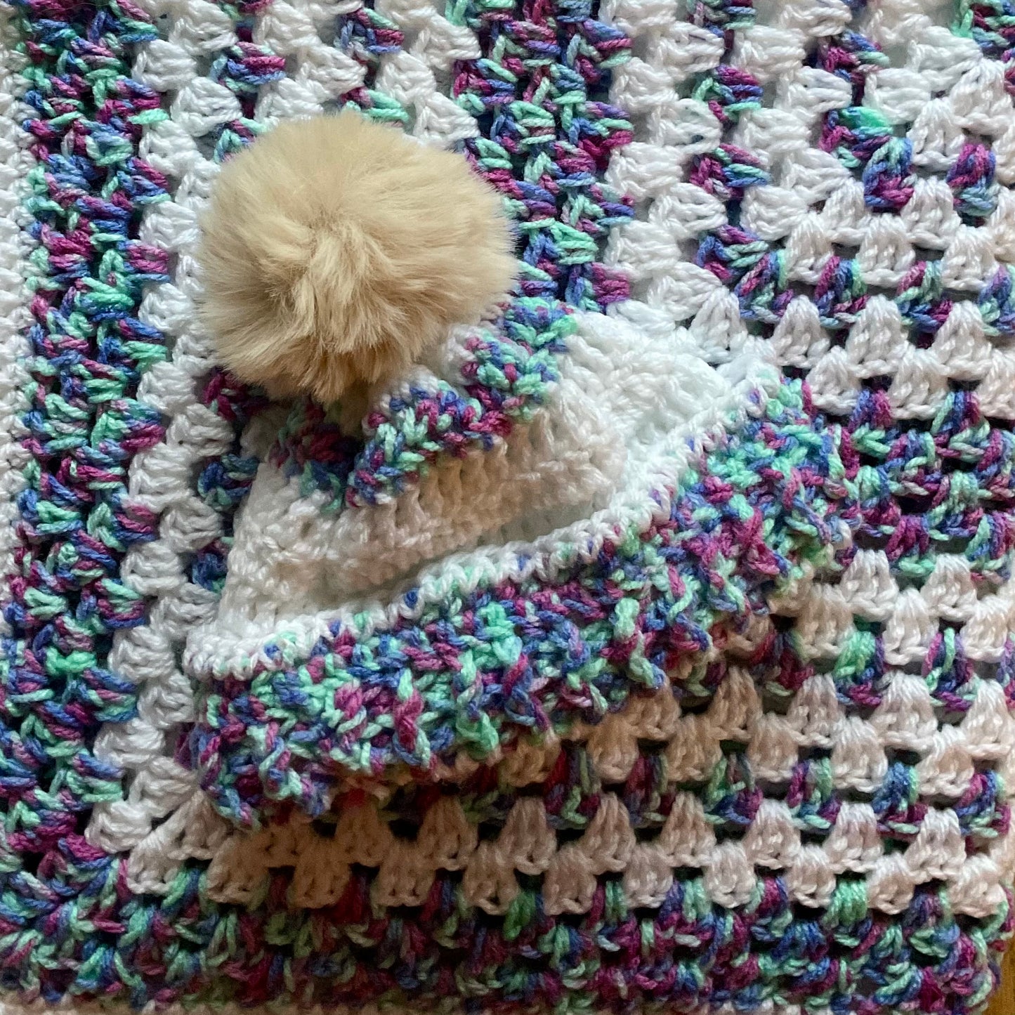 Small Handmade Baby Blanket and Hat (Turquoise/Purple/White)