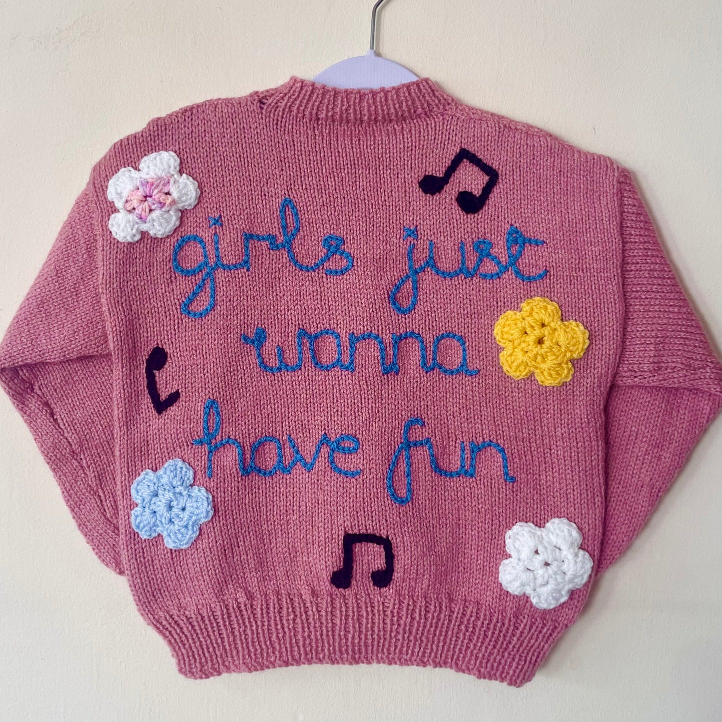 "Girls Just Wanna Have Fun” Handmade Cardigan Size Approx 4-6 Years