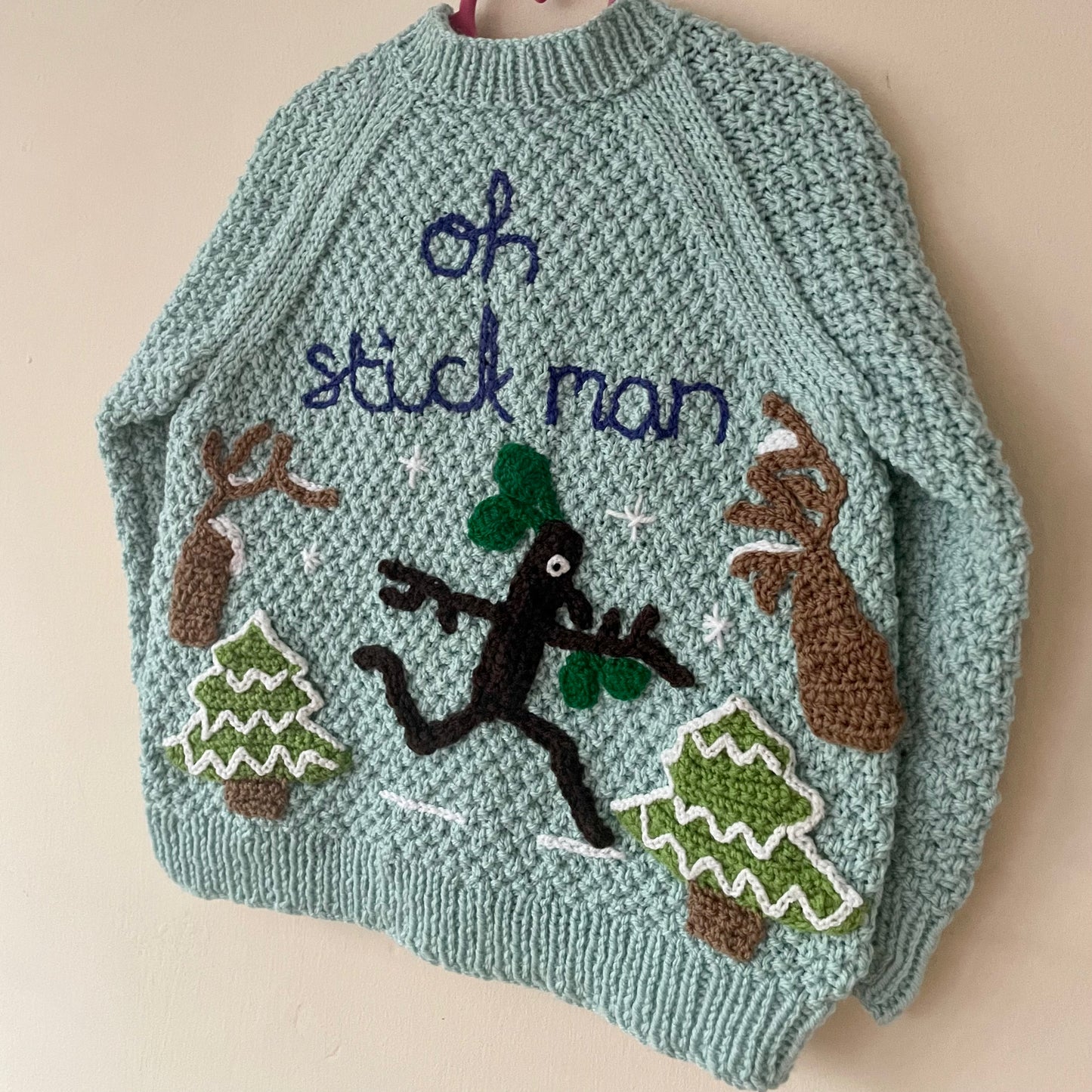 "Oh Stickman" Blue Handmade Cardigan Size Approx 4-5 Years