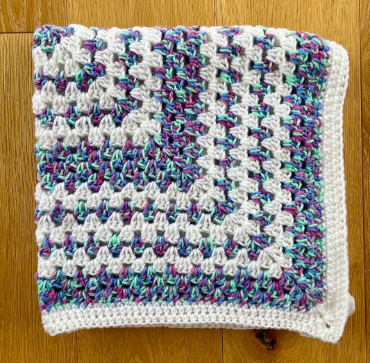 Small Handmade Baby Blanket and Hat (Turquoise/Purple/White)
