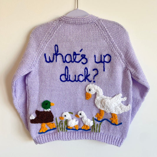 "What's Up Duck?” Handmade Cardigan Size Approx 4-6 Years