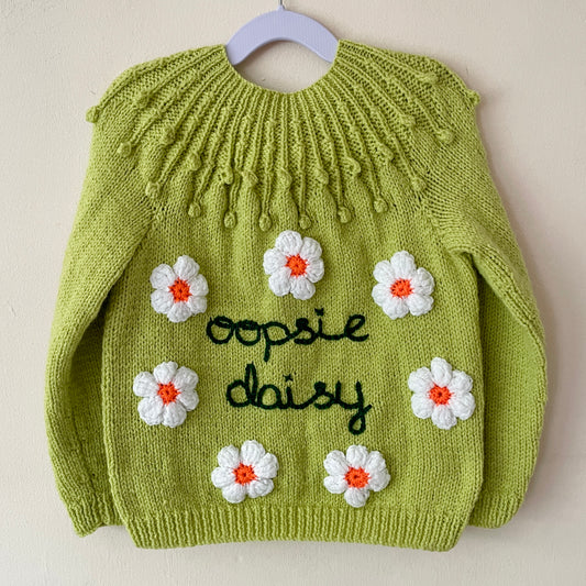 "Oopsie Daisy” Handmade Cardigan Size Approx 3-4 Years