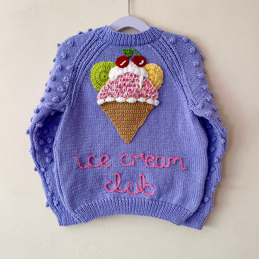 “Ice Cream Club” Handmade Purple Cardigan Size Approx 3-5 Years