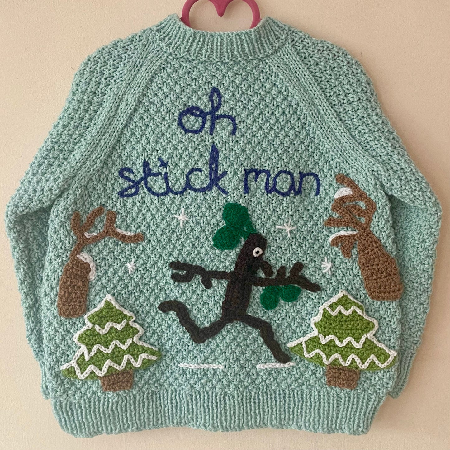 "Oh Stickman" Blue Handmade Cardigan Size Approx 4-5 Years