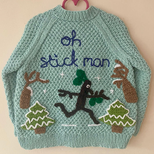 "Oh Stickman" Blue Handmade Cardigan Size Approx 4-5 Years