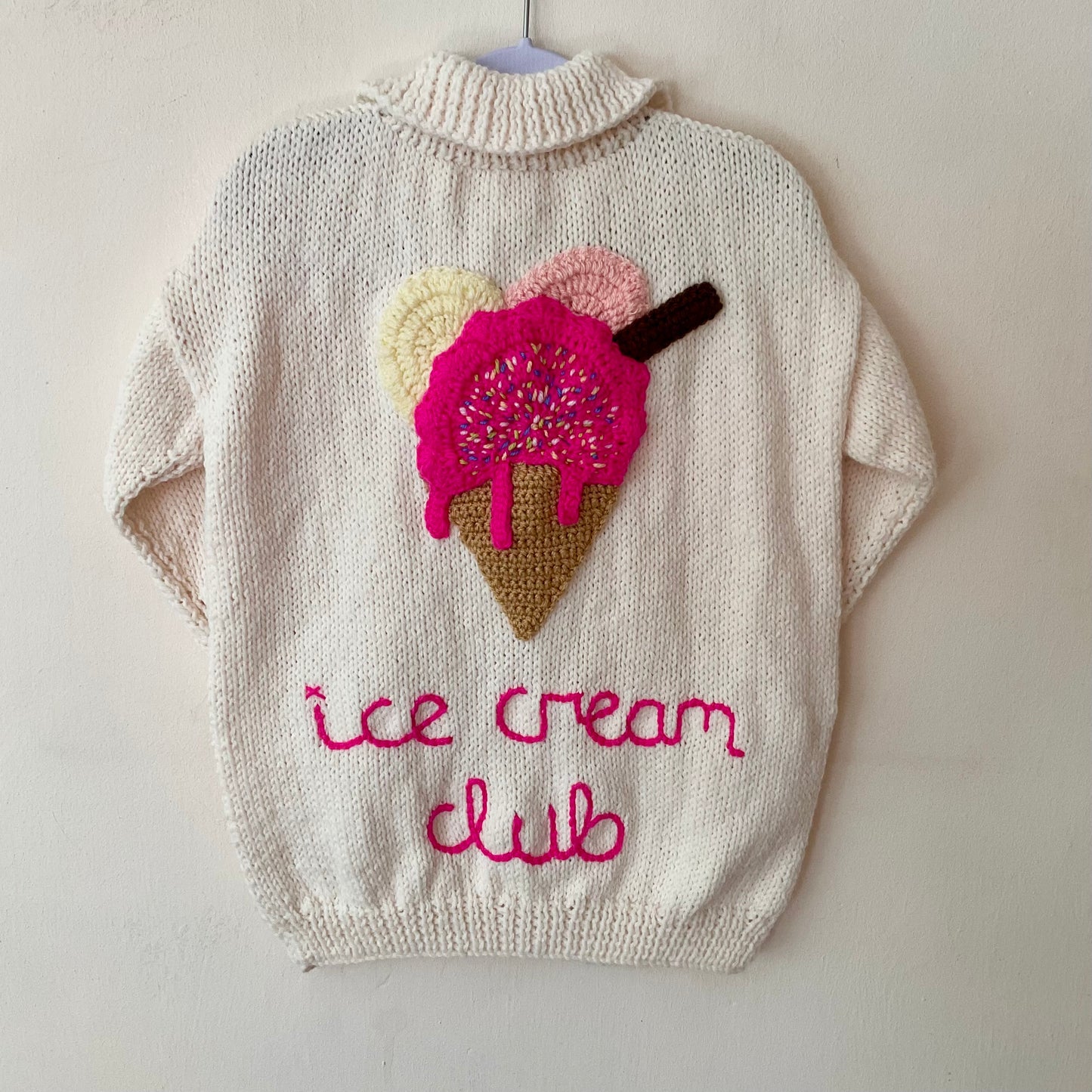 “Ice Cream Club” Handmade Cream Cardigan Size Approx 6-8 Years