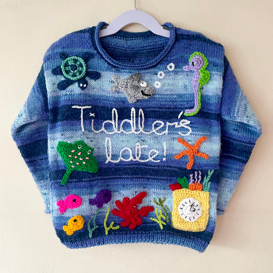 "Tiddler's Late!" Handmade Double Sided Jumper Size Approx 3-5 Years