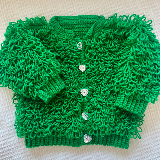 Hand-Knitted Green Loopy Cardigan Size Approx 2-3 Years