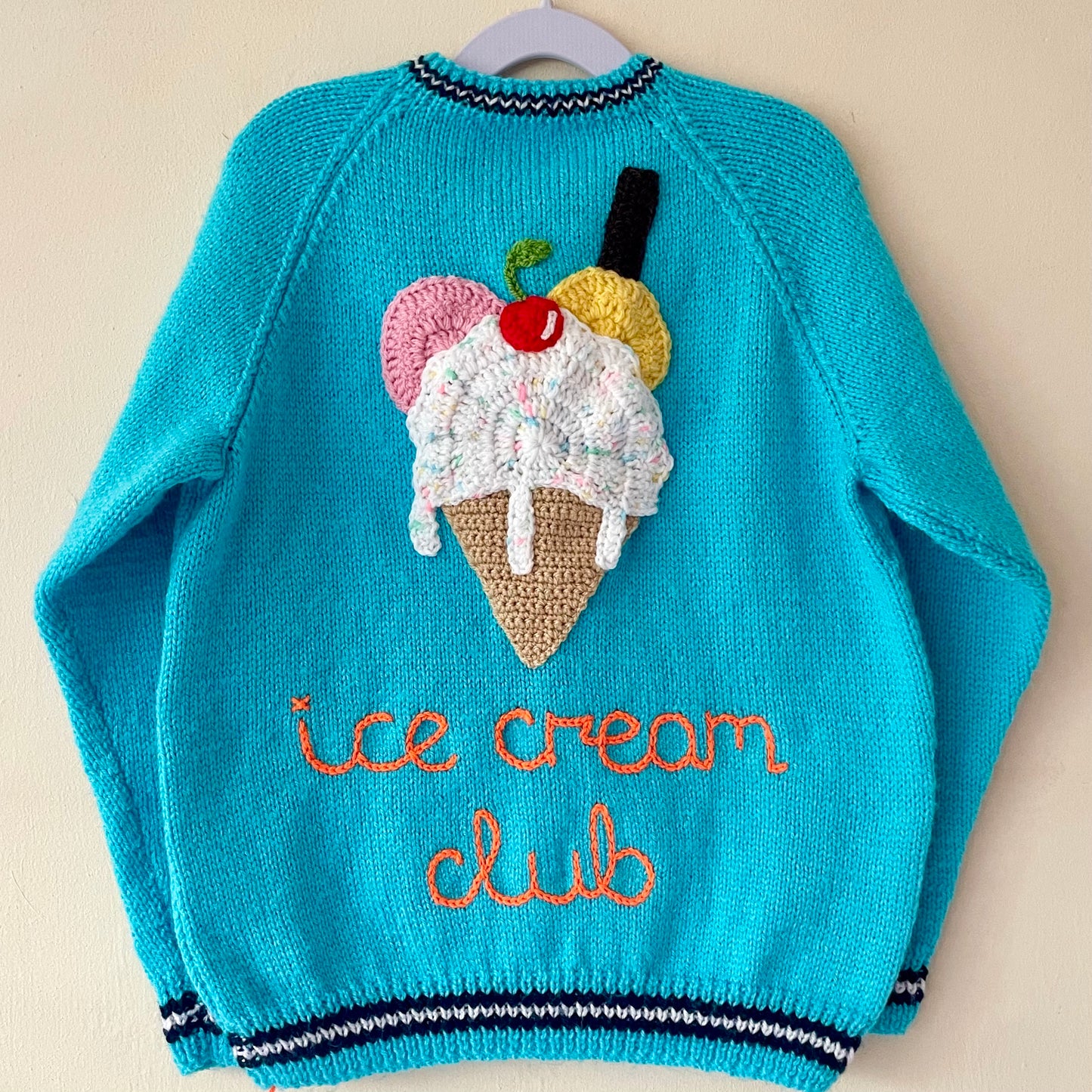 "Ice Cream Club” Handmade Blue Cardigan Size Approx 7-9 Years