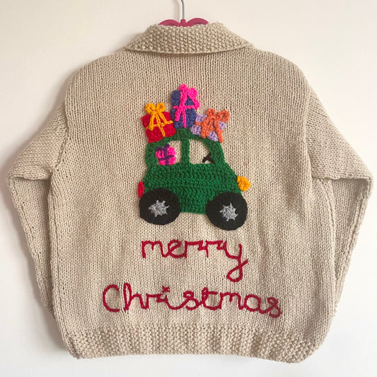 "Merry Christmas" Handmade Car Cardigan Size Approx 5-7 Years