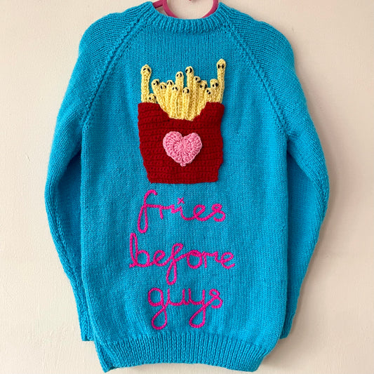 "Fries Before Guys" Autumn Handmade Cardigan Size Approx 5-6 Years