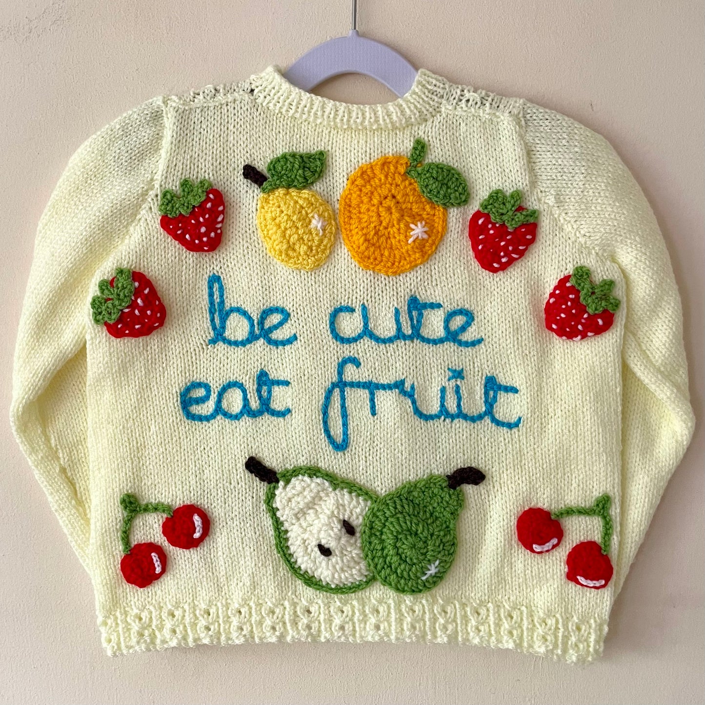 "Be Cute Eat Fruit” Handmade Cardigan Size Approx 3-5 Years