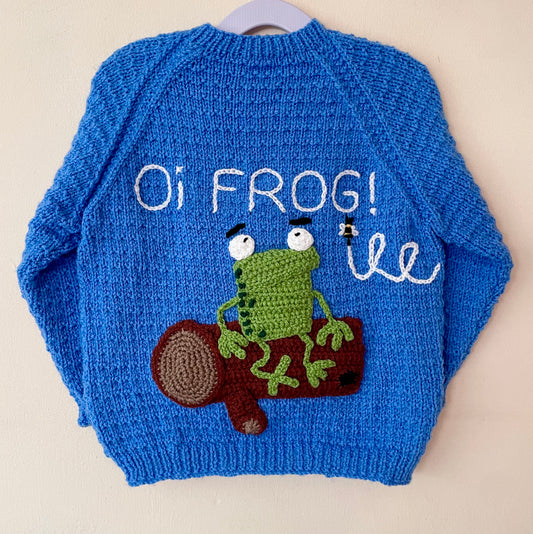 "Oi Frog!" Handmade Cardigan Size Approx 3-4 Years