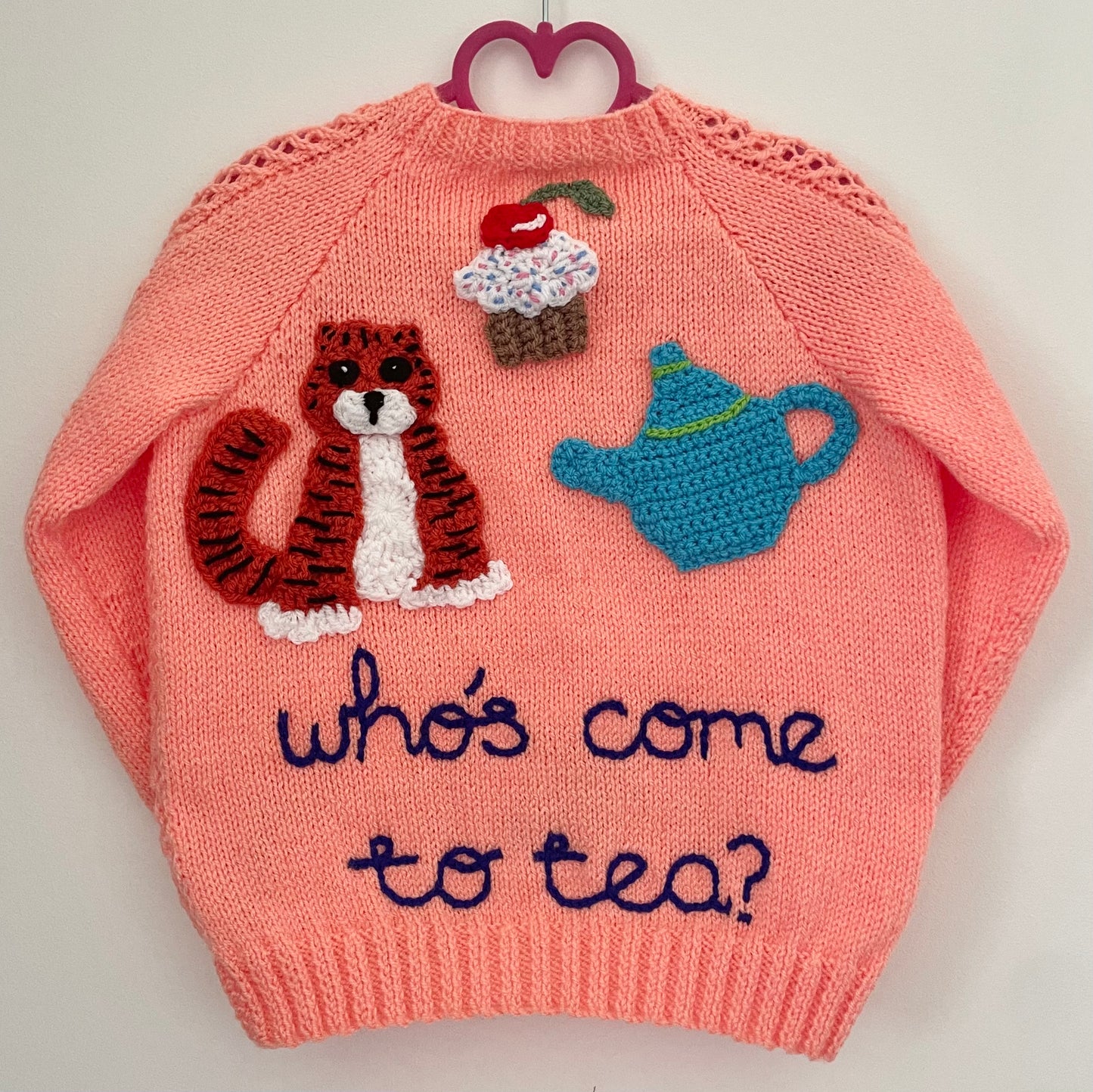 "Who's Come To Tea?" Handmade Cardigan Size Approx 4-5 Years