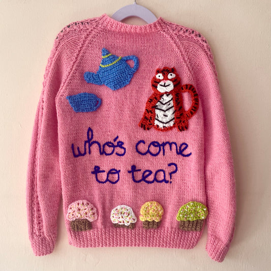 "Who's Come To Tea?” Handmade Cardigan Size Approx 3-5 Years