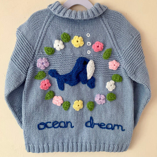 "Ocean Dream” Handmade Dark Blue Cardigan Size Approx 5-7 Years