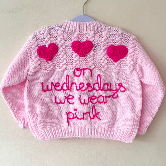 "On Wednesdays We Wear Pink” Handmade Cardigan Size Approx 3-5 Years