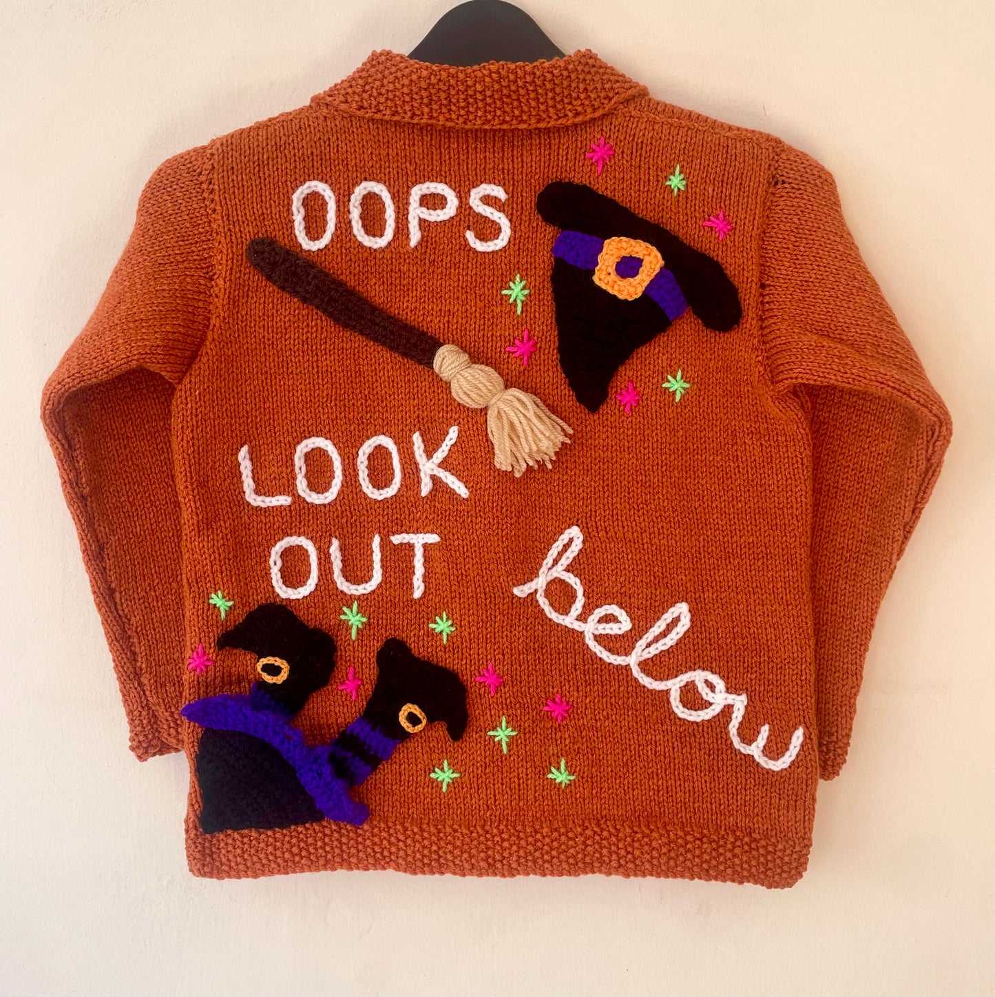 "Oops Look Out Below” Handmade Cardigan Size Approx 6-8 Years