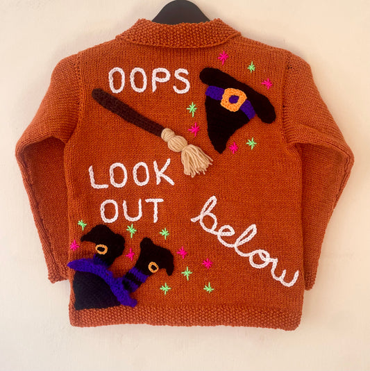 "Oops Look Out Below” Handmade Cardigan Size Approx 6-8 Years