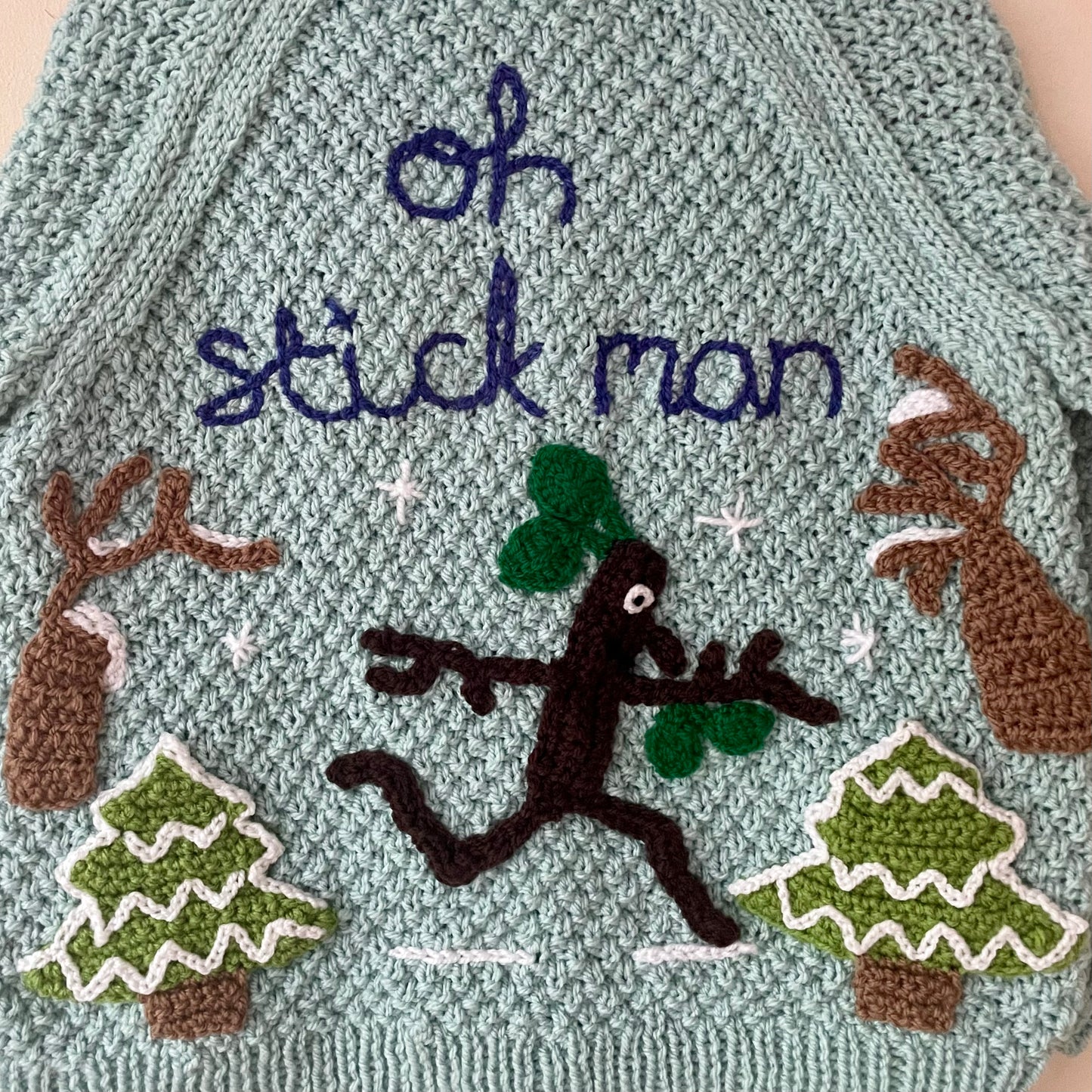 "Oh Stickman" Blue Handmade Cardigan Size Approx 4-5 Years
