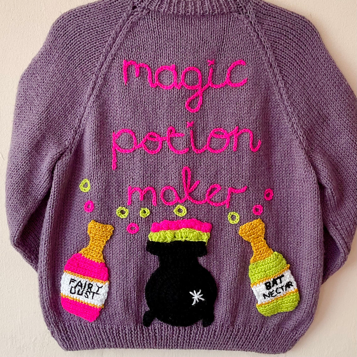 "Magic Potion Maker" Handmade Cardigan Size Approx 7-9 Years