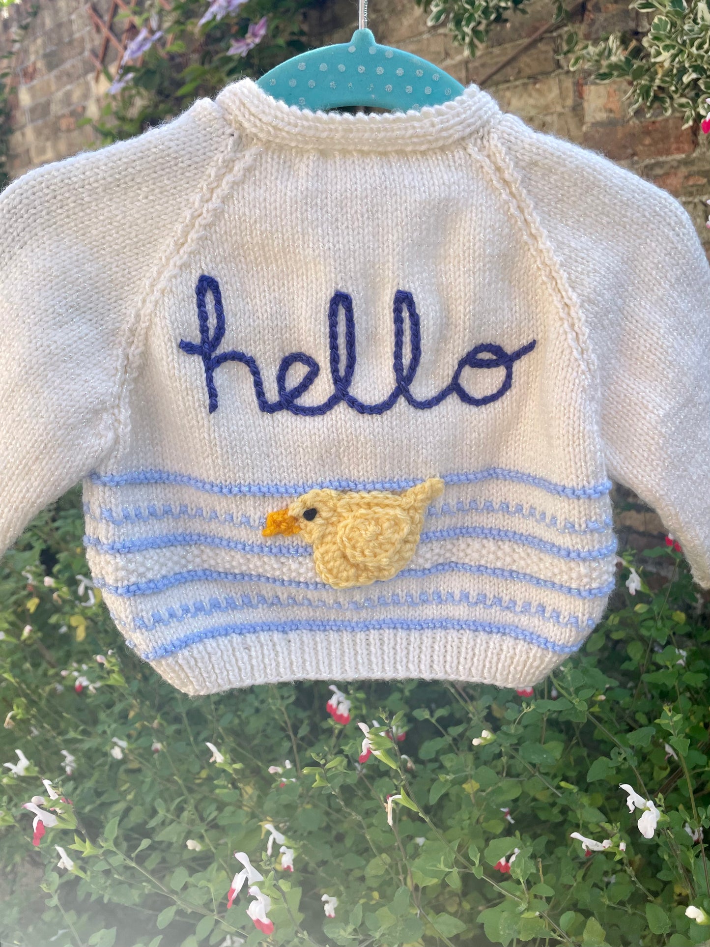 "Hello" Handmade Duck Cardigan Size Approx 0-3 Months
