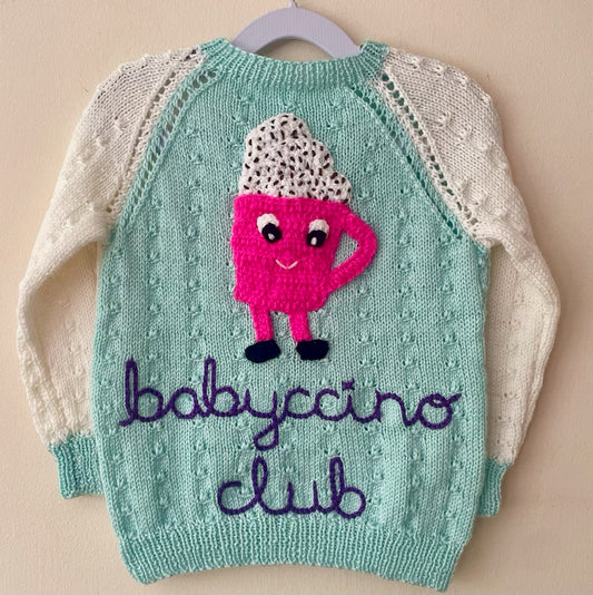 "Babyccino Club” Handmade Blue Cardigan Size Approx 3-4 Years