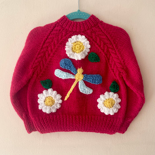 "Dragonfly & Flowers” Handmade Cardigan Size Approx 6-12 Months