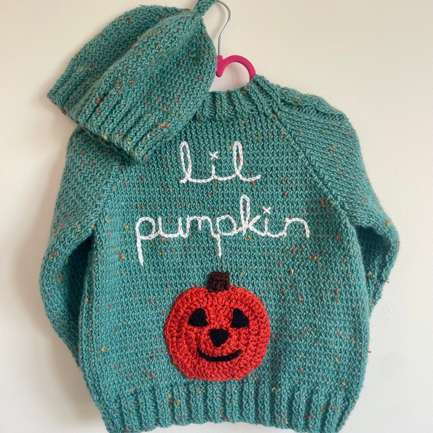"Lil Pumpkin” Handmade Green Cardigan Size Approx 2-3 Years