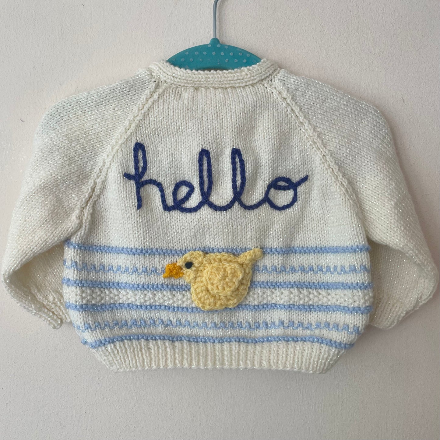"Hello" Handmade Duck Cardigan Size Approx 0-3 Months