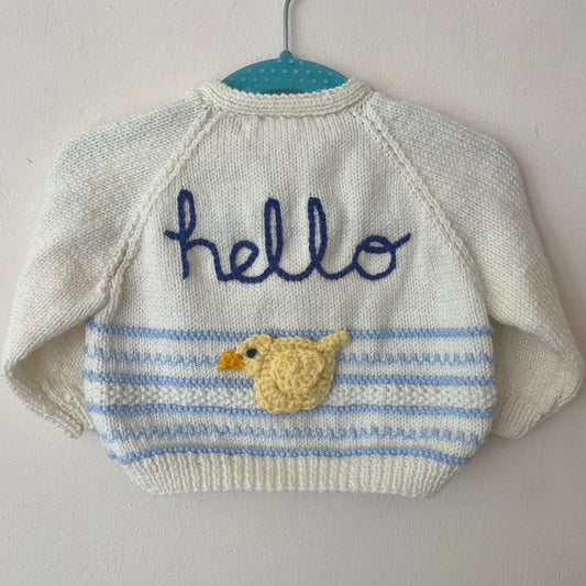 "Hello" Handmade Duck Cardigan Size Approx 0-3 Months