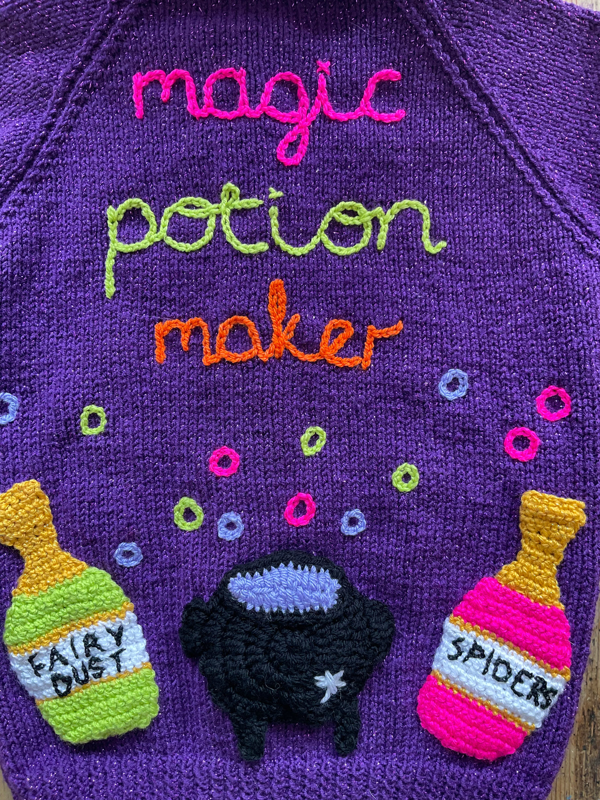 "Magic Potion Maker" Handmade Sparkle Knit Cardigan Size Approx 4-6 Years