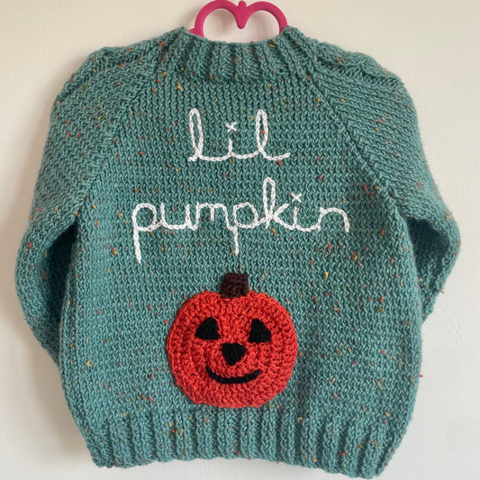 "Lil Pumpkin” Handmade Green Cardigan Size Approx 2-3 Years