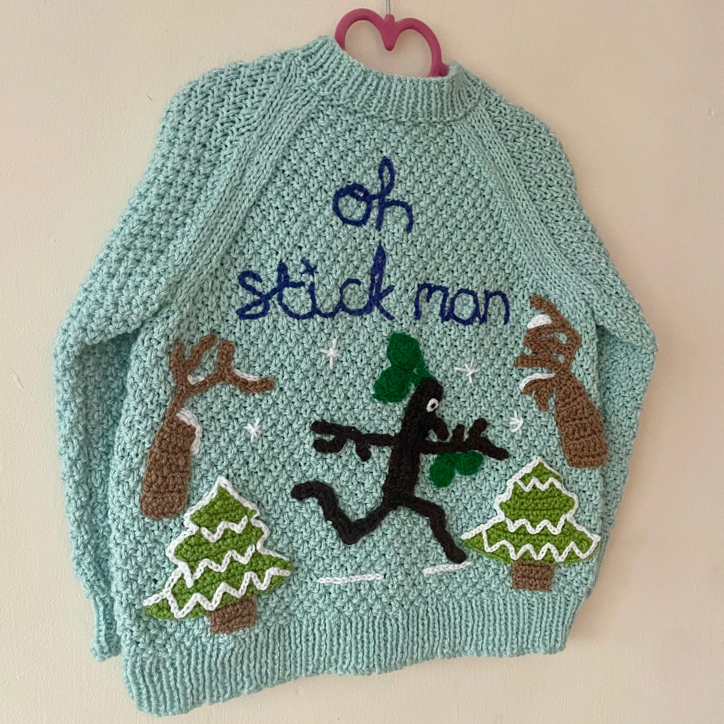 "Oh Stickman" Blue Handmade Cardigan Size Approx 4-5 Years