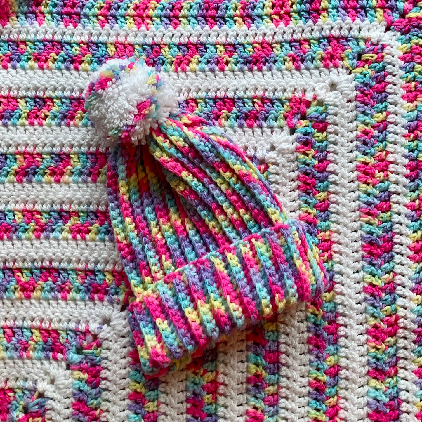 Small Handmade Baby Blanket and Hat (Rainbow/White)
