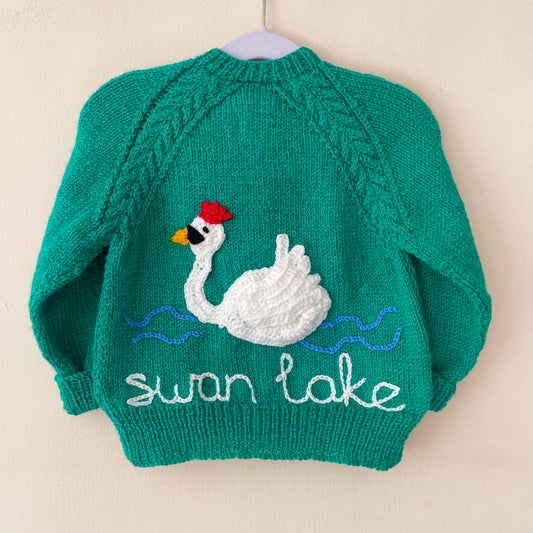 "Swan Lake” Handmade Green Cardigan Size Approx 2-3 Years