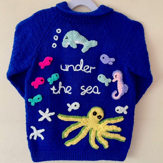 "Under The Sea” Handmade Dark Blue Cardigan Size Approx 6-8 Years