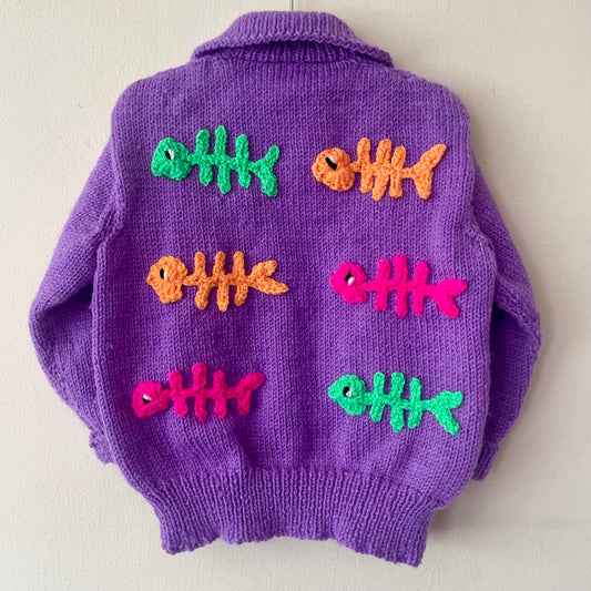 "Skeleton Fish" Handmade Cardigan Size Approx 2-3 Years